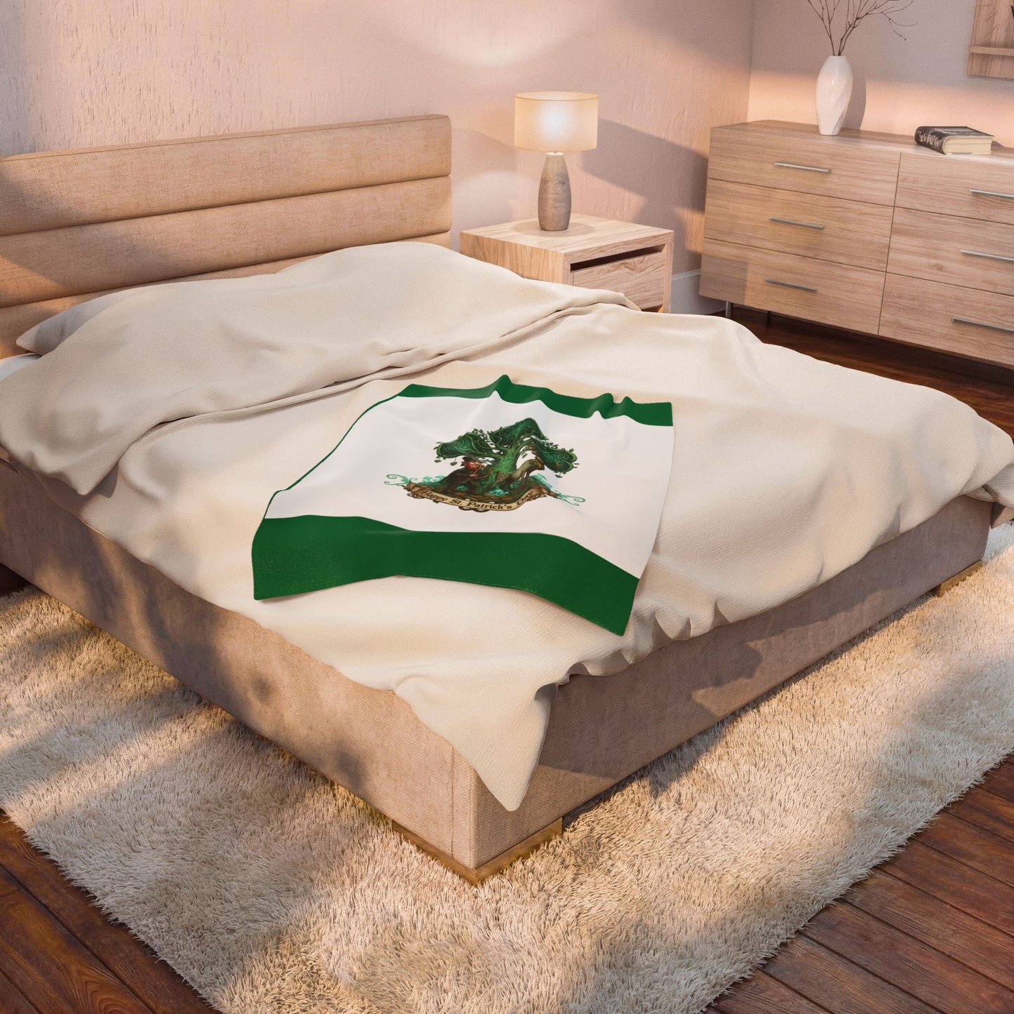 St. Patrick's Day Velveteen Plush Blanket — Celtic Tree & Lucky Animals Design
