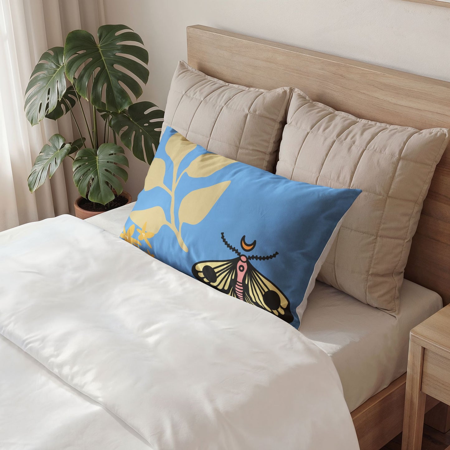 Moth & Golden Leaf Cotton Pillow Sham — Sky Blue Decorative Pillowcase