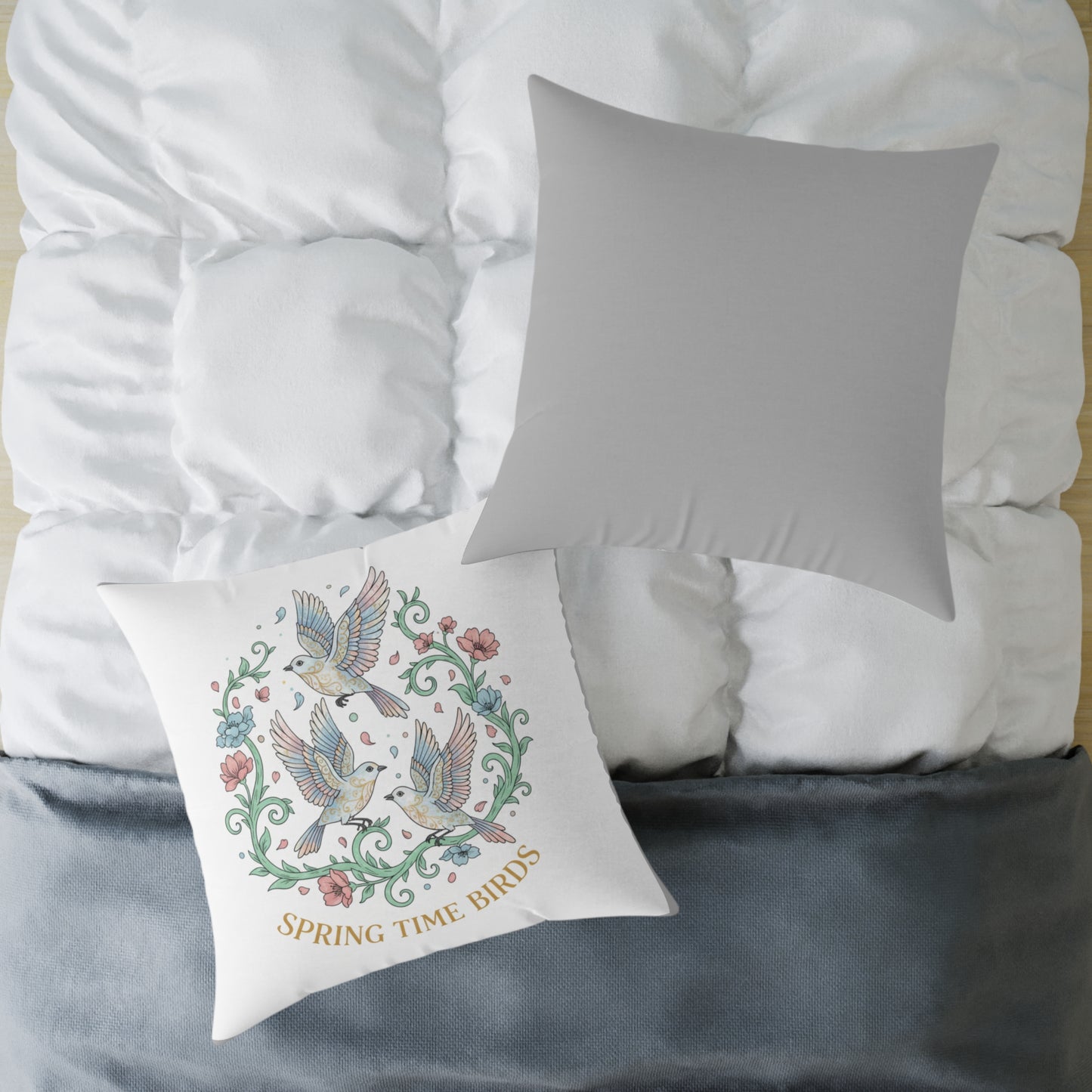 Spring Time Birds Square Throw Pillow — Floral Hummingbird Accent Cushion