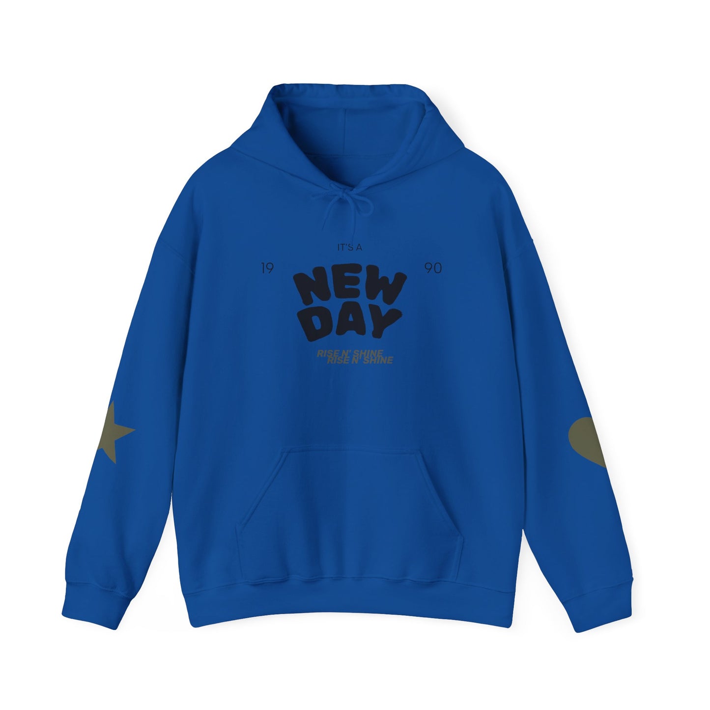 New Day Hoodie — "New Day" Graphic Pullover with Star & Heart Sleeve Accents
