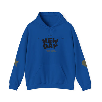 New Day Hoodie — "New Day" Graphic Pullover with Star & Heart Sleeve Accents