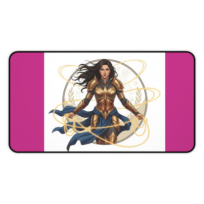 Wonder Warrior Desk Mat — Feminine Heroine Mouse Pad with Gold Armor Illustration