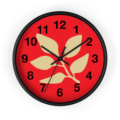 Botanical Red Wall Clock — Minimal Leaf Design Decorative Clock