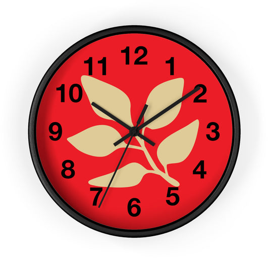 Botanical Red Wall Clock — Minimal Leaf Design Decorative Clock