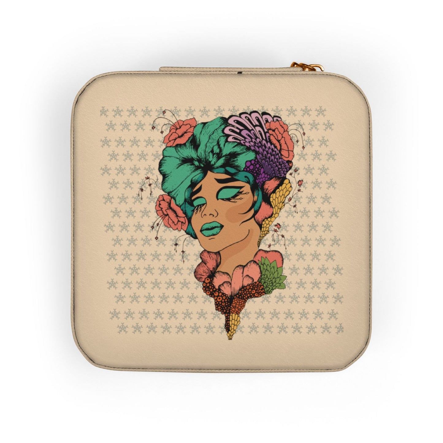 Compact Floral Portrait Jewelry Travel Case — Portable Ring & Earring Organizer