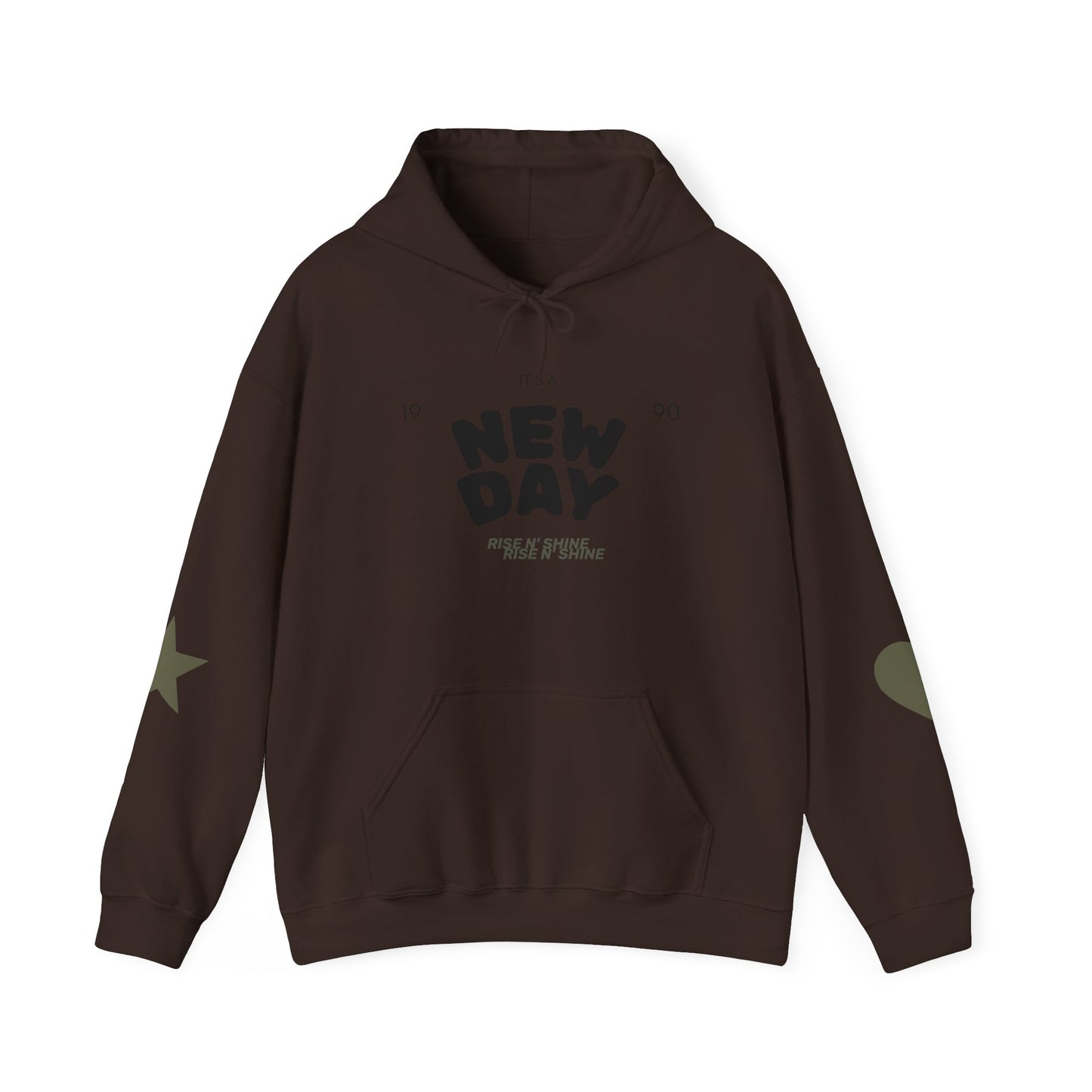New Day Hoodie — "New Day" Graphic Pullover with Star & Heart Sleeve Accents