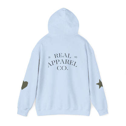 New Day Hoodie — "New Day" Graphic Pullover with Star & Heart Sleeve Accents