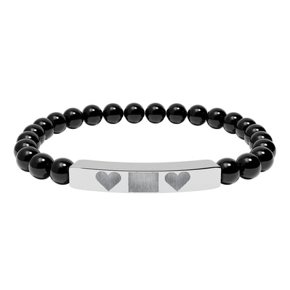 Engravable Natural Stone Bar Bracelet — Personalized Heart Stretch Bead Bracelet I LOVE YOU MOM WITH HEARTS