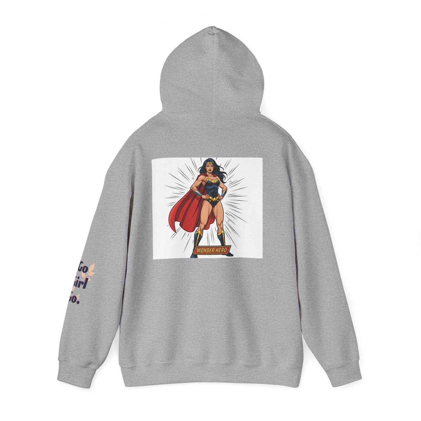 Wonder Woman Hoodie — Vintage Superhero Graphic Sweatshirt ('Go girl' sleeve)