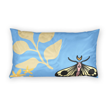 Moth & Golden Leaf Cotton Pillow Sham — Sky Blue Decorative Pillowcase