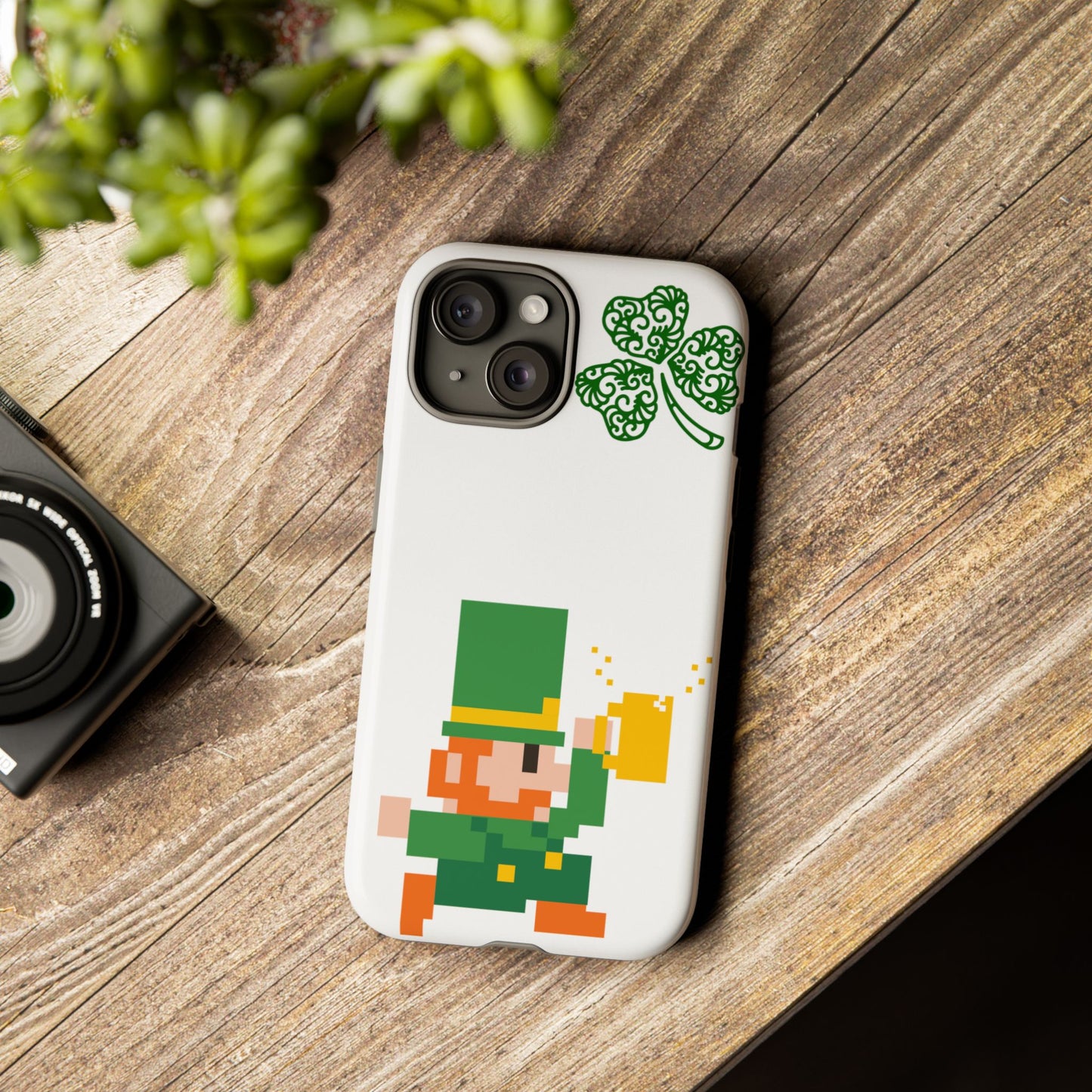 St. Patrick’s Pixel Leprechaun Phone Case — Cute Retro Gaming Clover Design