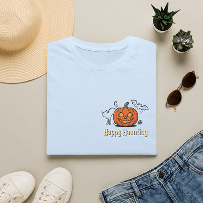 Halloween Pumpkin Graphic T-Shirt — "Happy Haunting" Cute Cat Jack-o'-Lantern Tee