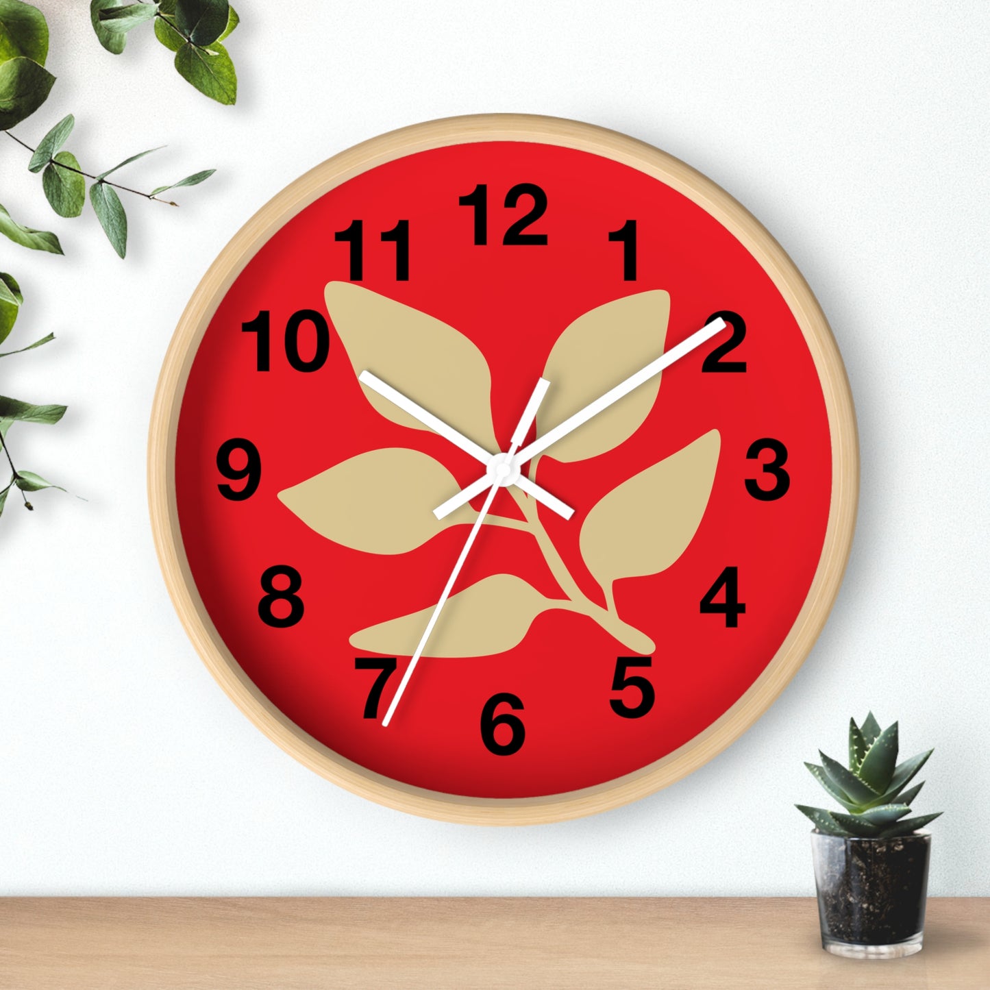 Botanical Red Wall Clock — Minimal Leaf Design Decorative Clock