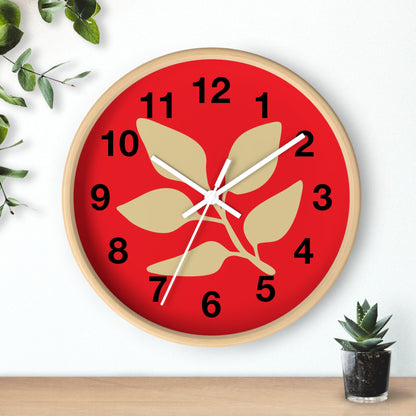 Botanical Red Wall Clock — Minimal Leaf Design Decorative Clock
