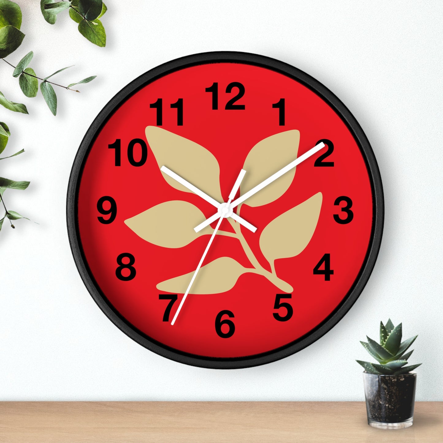 Botanical Red Wall Clock — Minimal Leaf Design Decorative Clock