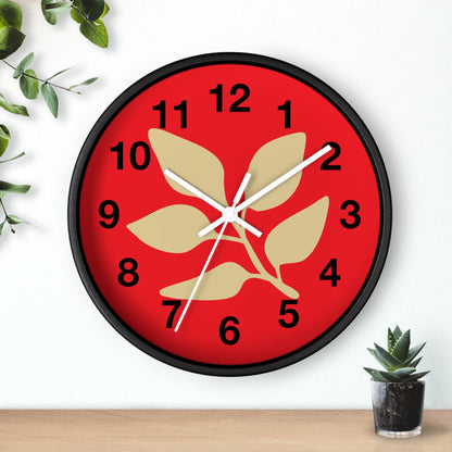 Botanical Red Wall Clock — Minimal Leaf Design Decorative Clock