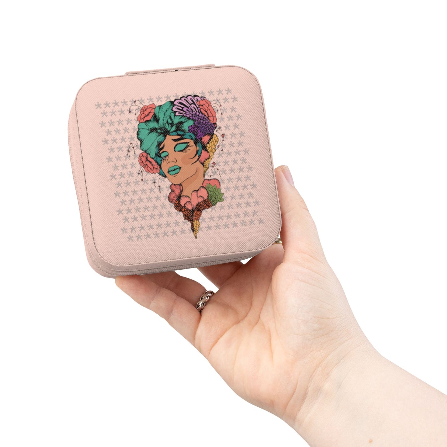 Compact Floral Portrait Jewelry Travel Case — Portable Ring & Earring Organizer