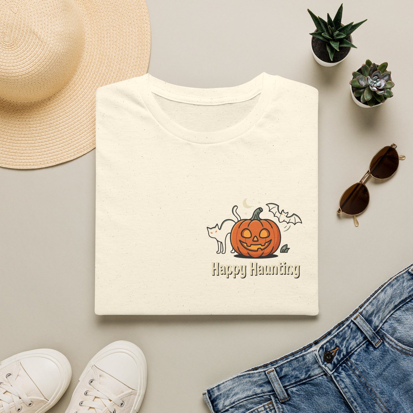 Halloween Pumpkin Graphic T-Shirt — "Happy Haunting" Cute Cat Jack-o'-Lantern Tee