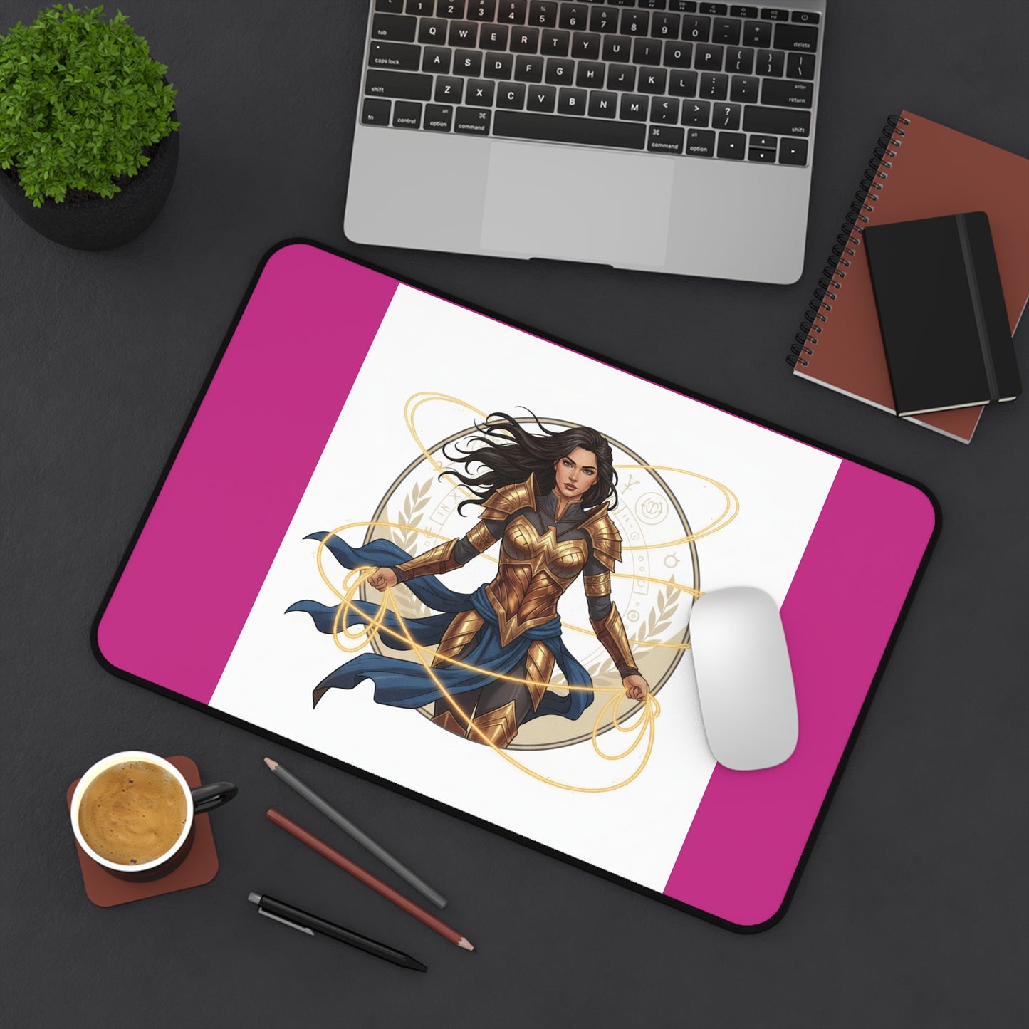 Wonder Warrior Desk Mat — Feminine Heroine Mouse Pad with Gold Armor Illustration