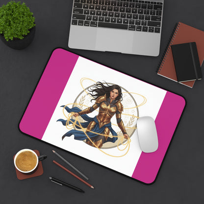 Wonder Warrior Desk Mat — Feminine Heroine Mouse Pad with Gold Armor Illustration