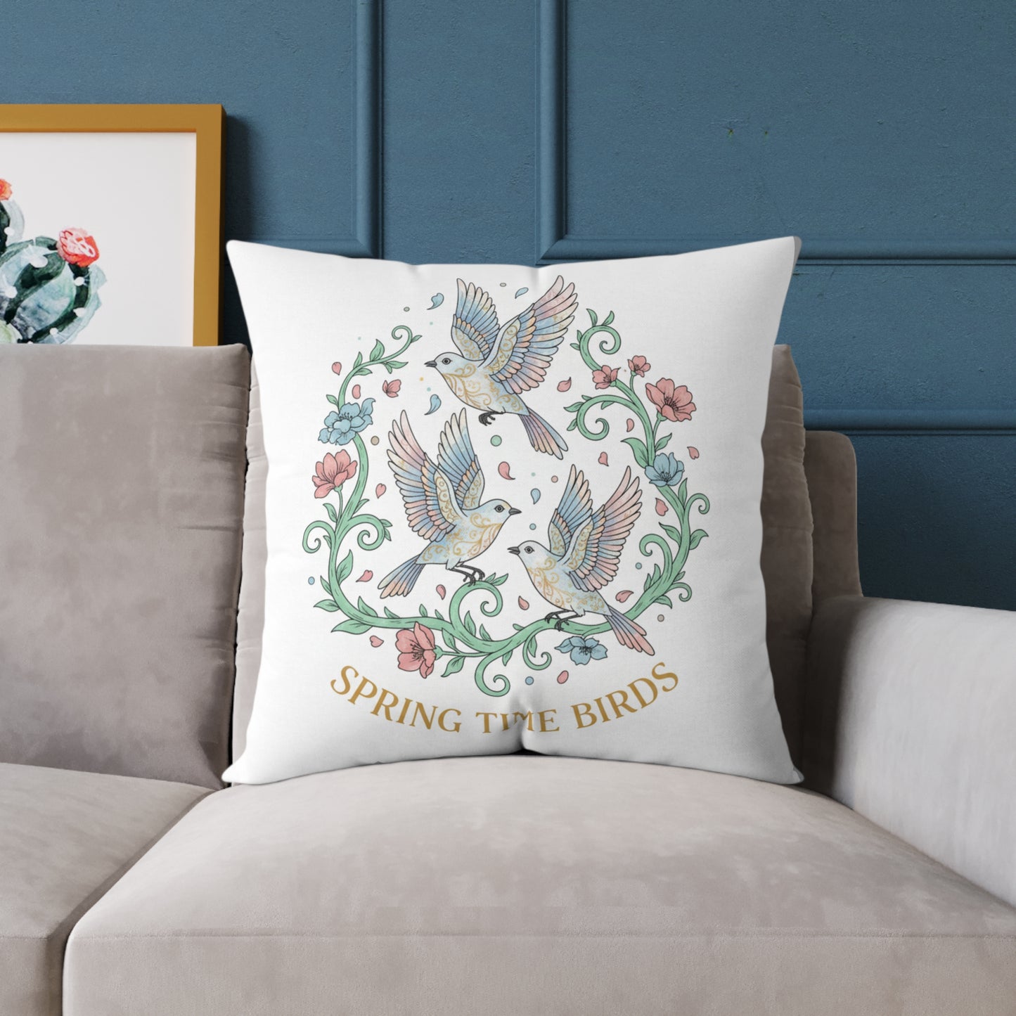 Spring Time Birds Square Throw Pillow — Floral Hummingbird Accent Cushion