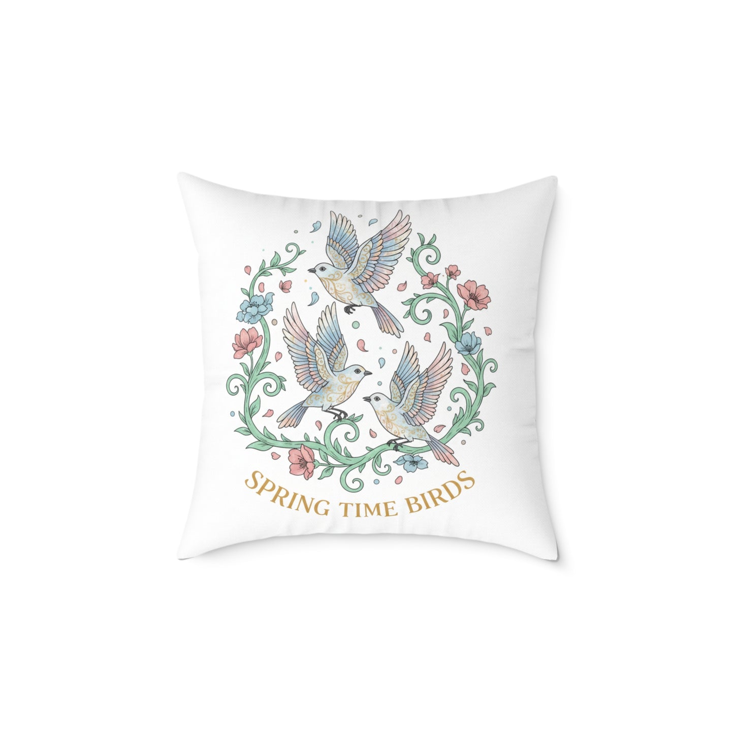 Spring Time Birds Square Throw Pillow — Floral Hummingbird Accent Cushion