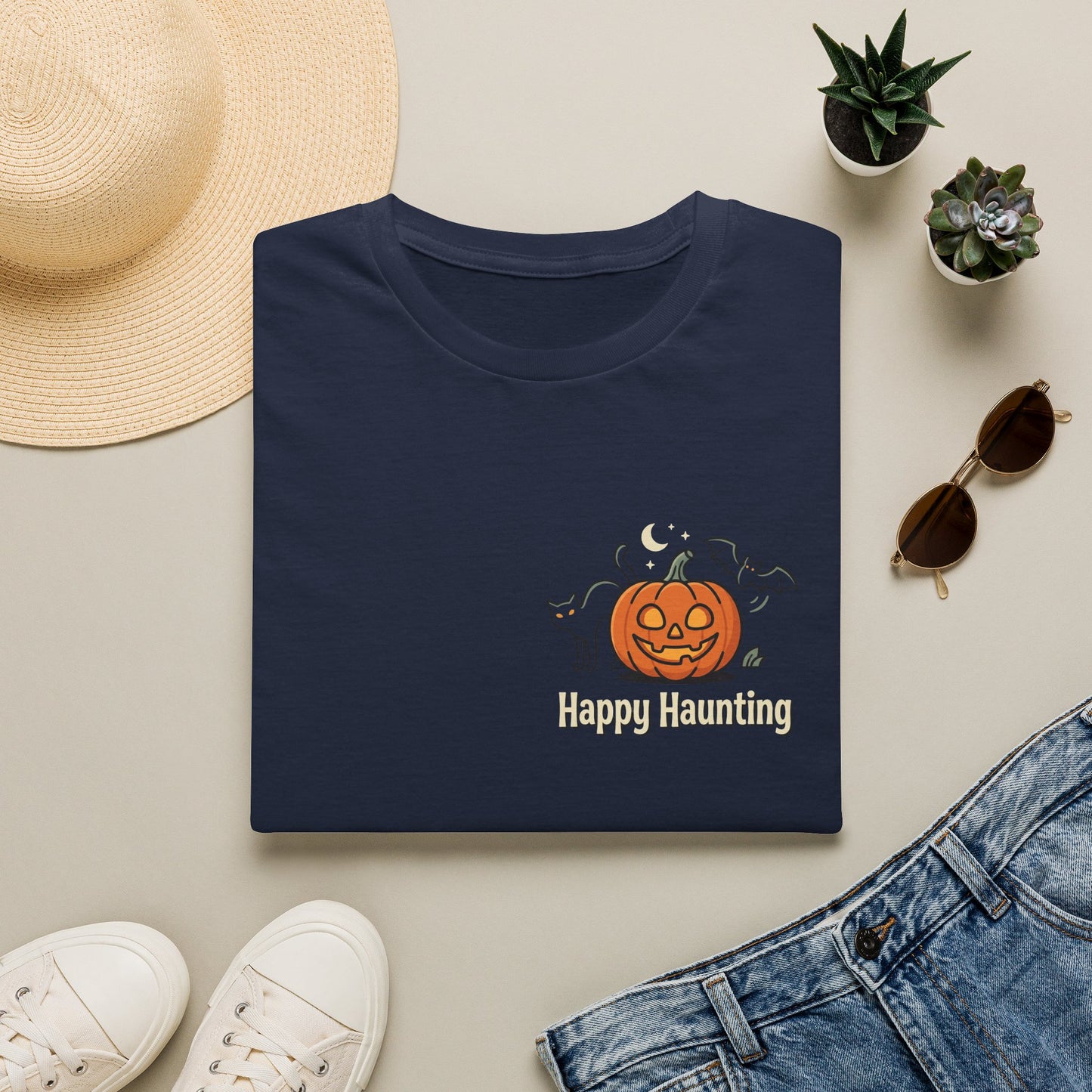Halloween Pumpkin Graphic T-Shirt — "Happy Haunting" Cute Cat Jack-o'-Lantern Tee