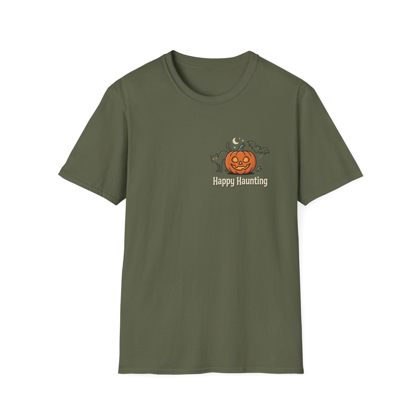 Halloween Pumpkin Graphic T-Shirt — "Happy Haunting" Cute Cat Jack-o'-Lantern Tee