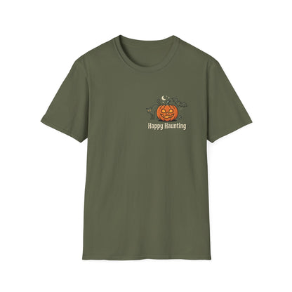 Halloween Pumpkin Graphic T-Shirt — "Happy Haunting" Cute Cat Jack-o'-Lantern Tee