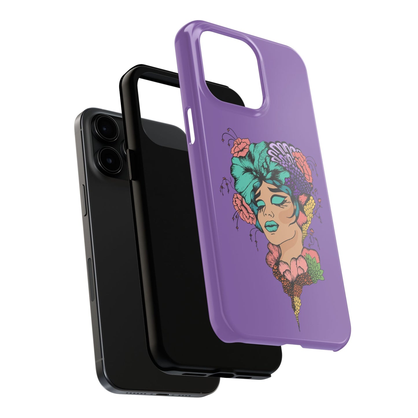 Floral Dreamer Tough Phone Case — Purple Artistic Woman Illustration, Protective iPhone Cover