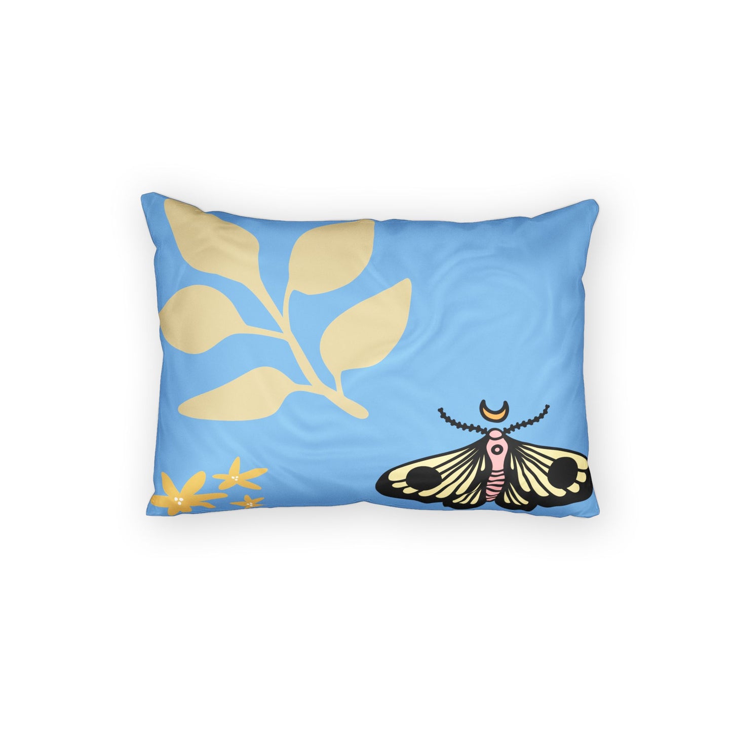 Moth & Golden Leaf Cotton Pillow Sham — Sky Blue Decorative Pillowcase