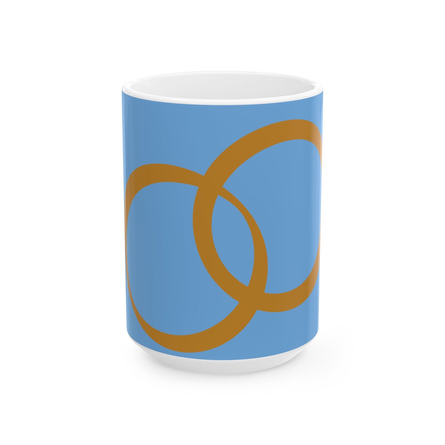 Blue Ceramic Mug with Interlocking Gold Rings – Minimalist Modern Coffee Cup (11oz, 15oz)