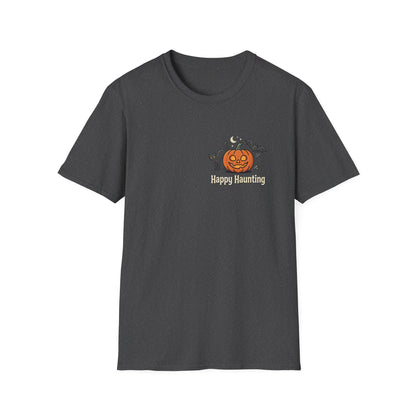 Halloween Pumpkin Graphic T-Shirt — "Happy Haunting" Cute Cat Jack-o'-Lantern Tee