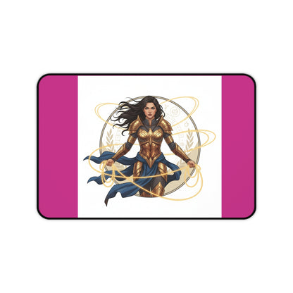 Wonder Warrior Desk Mat — Feminine Heroine Mouse Pad with Gold Armor Illustration