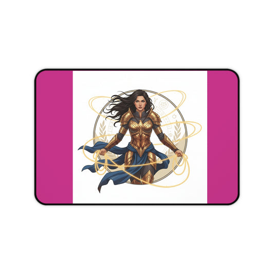 Wonder Warrior Desk Mat — Feminine Heroine Mouse Pad with Gold Armor Illustration