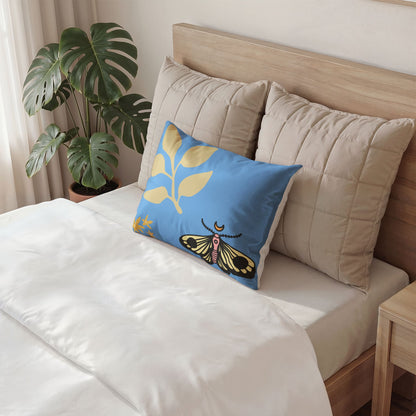 Moth & Golden Leaf Cotton Pillow Sham — Sky Blue Decorative Pillowcase