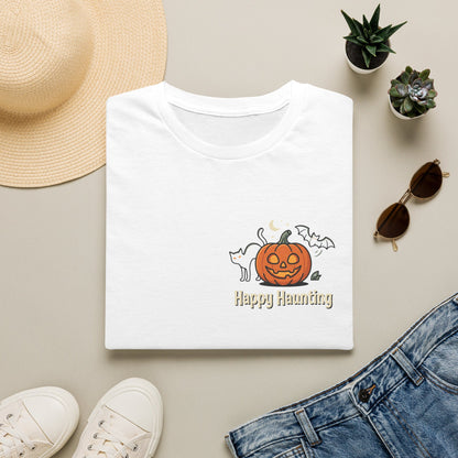 Halloween Pumpkin Graphic T-Shirt — "Happy Haunting" Cute Cat Jack-o'-Lantern Tee