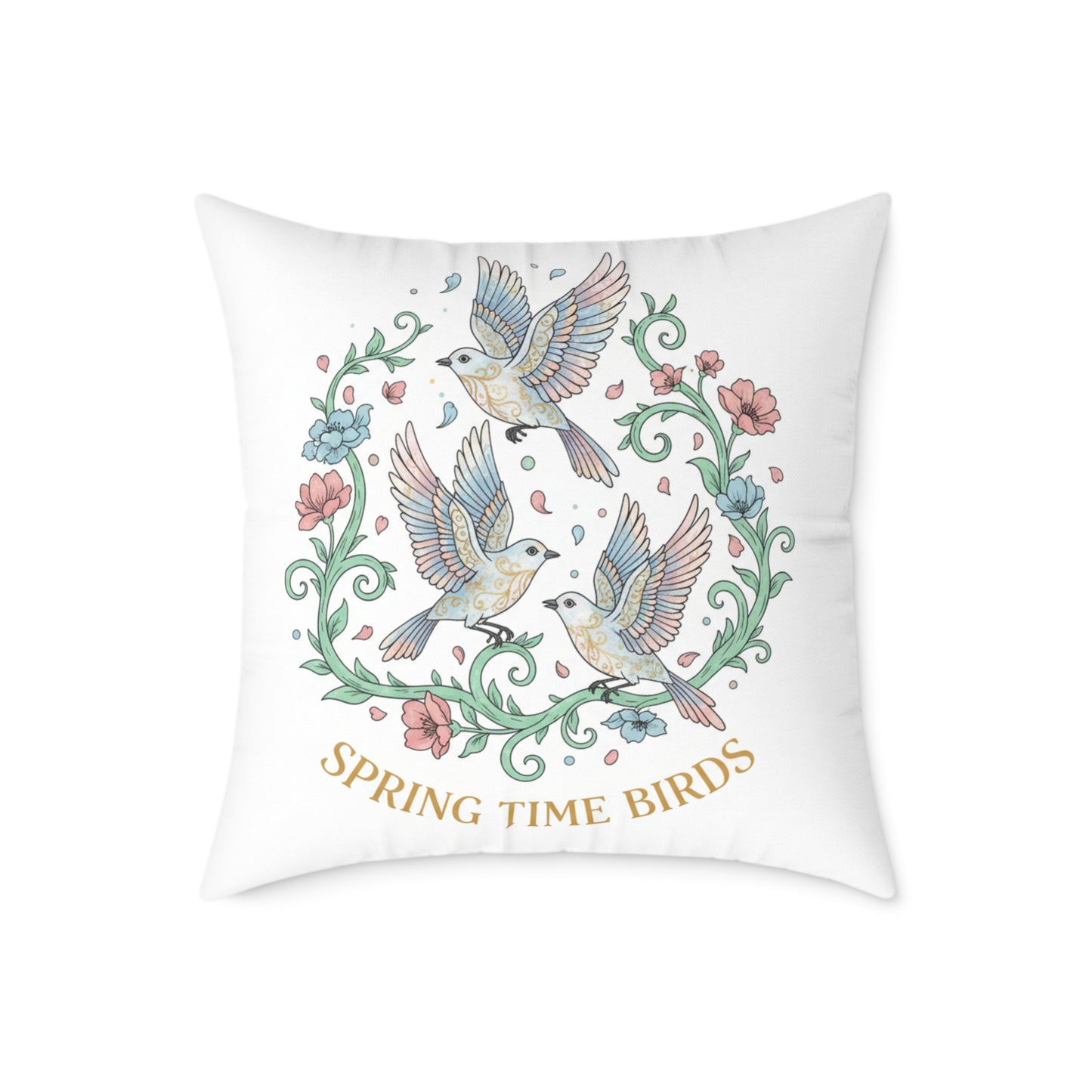 Spring Time Birds Square Throw Pillow — Floral Hummingbird Accent Cushion