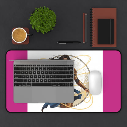 Wonder Warrior Desk Mat — Feminine Heroine Mouse Pad with Gold Armor Illustration
