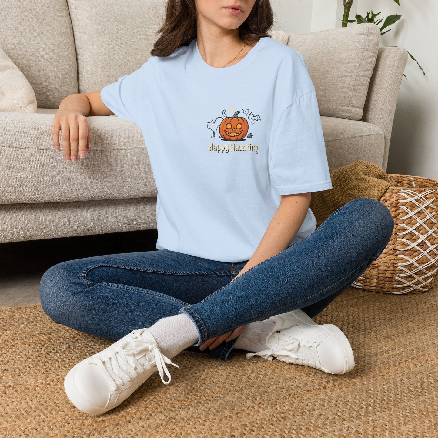 Halloween Pumpkin Graphic T-Shirt — "Happy Haunting" Cute Cat Jack-o'-Lantern Tee