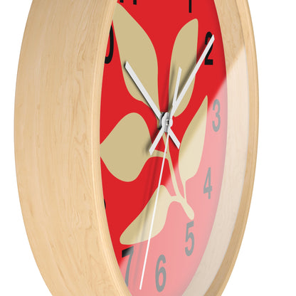 Botanical Red Wall Clock — Minimal Leaf Design Decorative Clock