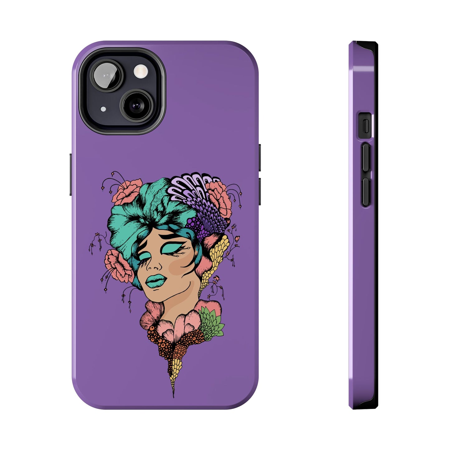 Floral Dreamer Tough Phone Case — Purple Artistic Woman Illustration, Protective iPhone Cover
