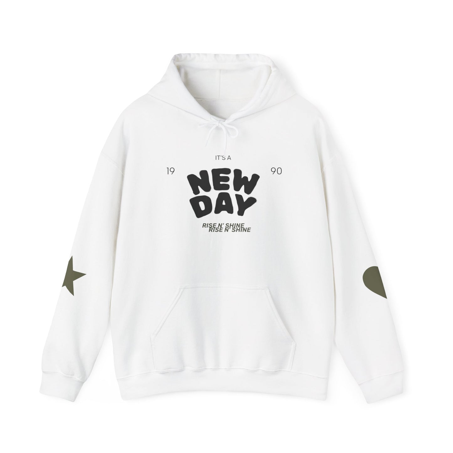 New Day Hoodie — "New Day" Graphic Pullover with Star & Heart Sleeve Accents