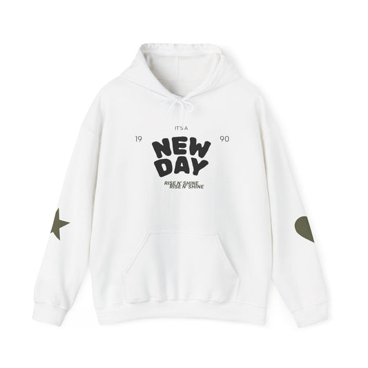 New Day Hoodie — "New Day" Graphic Pullover with Star & Heart Sleeve Accents