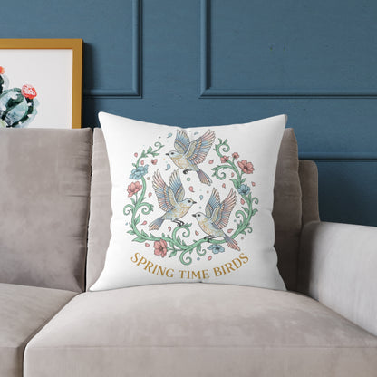 Spring Time Birds Square Throw Pillow — Floral Hummingbird Accent Cushion