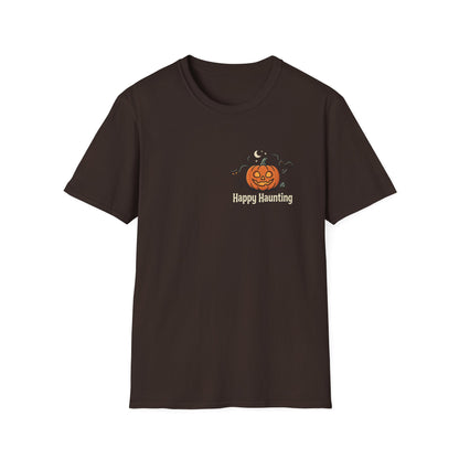 Halloween Pumpkin Graphic T-Shirt — "Happy Haunting" Cute Cat Jack-o'-Lantern Tee