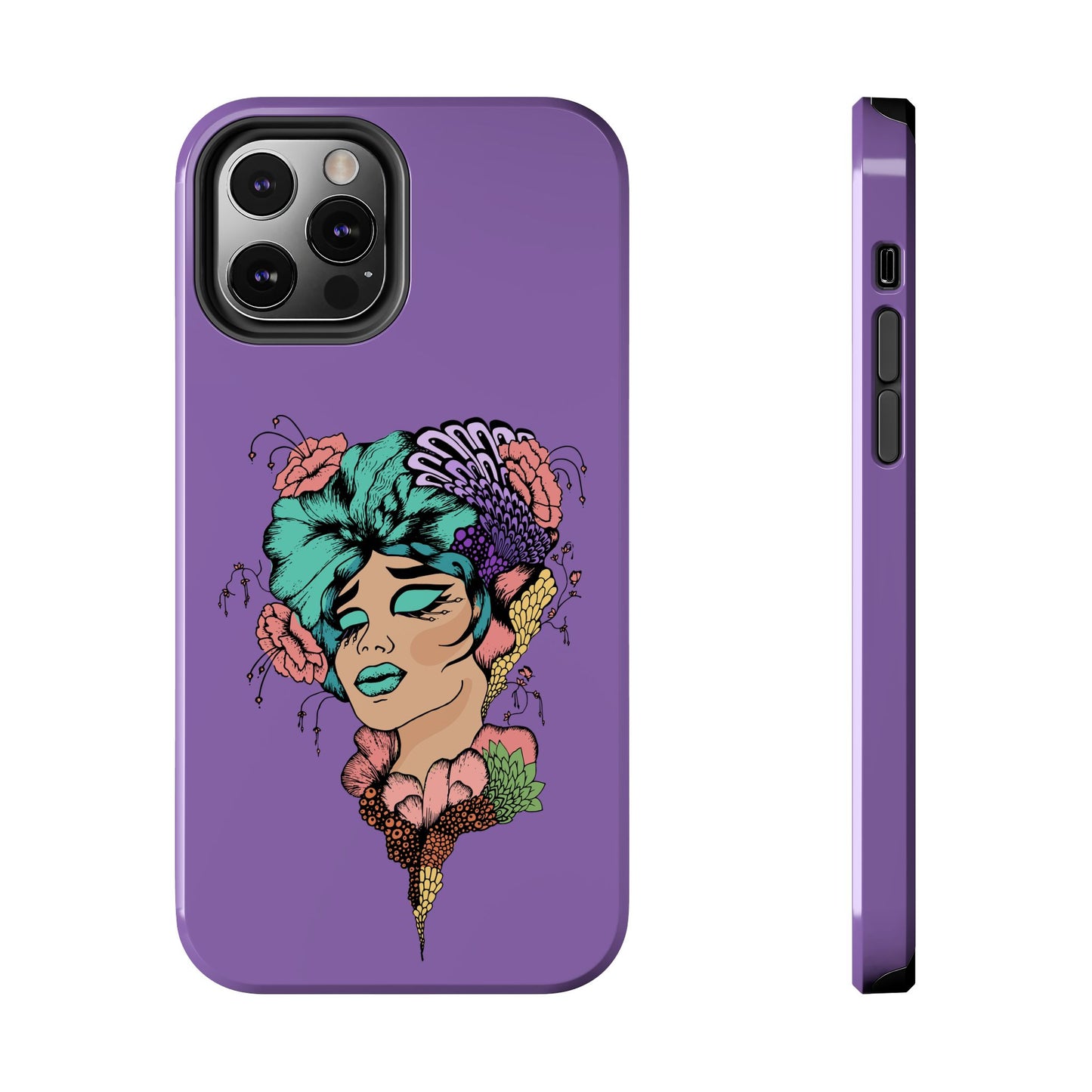Floral Dreamer Tough Phone Case — Purple Artistic Woman Illustration, Protective iPhone Cover