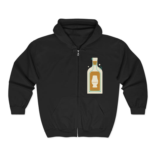 Zip Hoodie with Bottle & Digital Timer Design — Vintage Liqueur Bottle Graphic