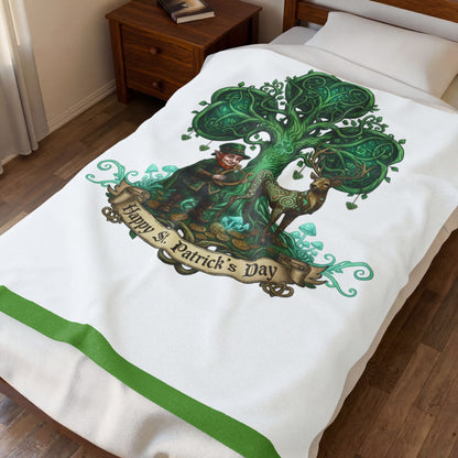 St. Patrick's Day Velveteen Plush Blanket — Celtic Tree, Leprechaun & Deer Design