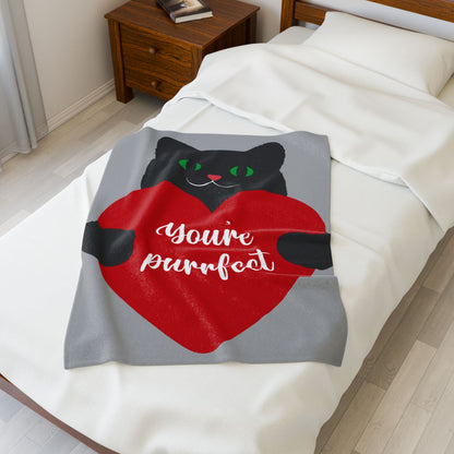 Plush Blanket - "You're Purrfect" Black Cat Heart Throw